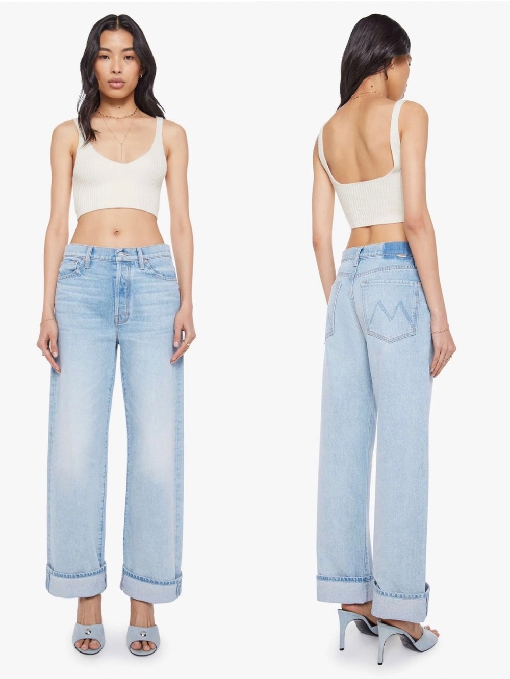 MOTHER The Dodger Button Hover Cuff Jeans 26 Light Wash Wide Leg Premium Jeans